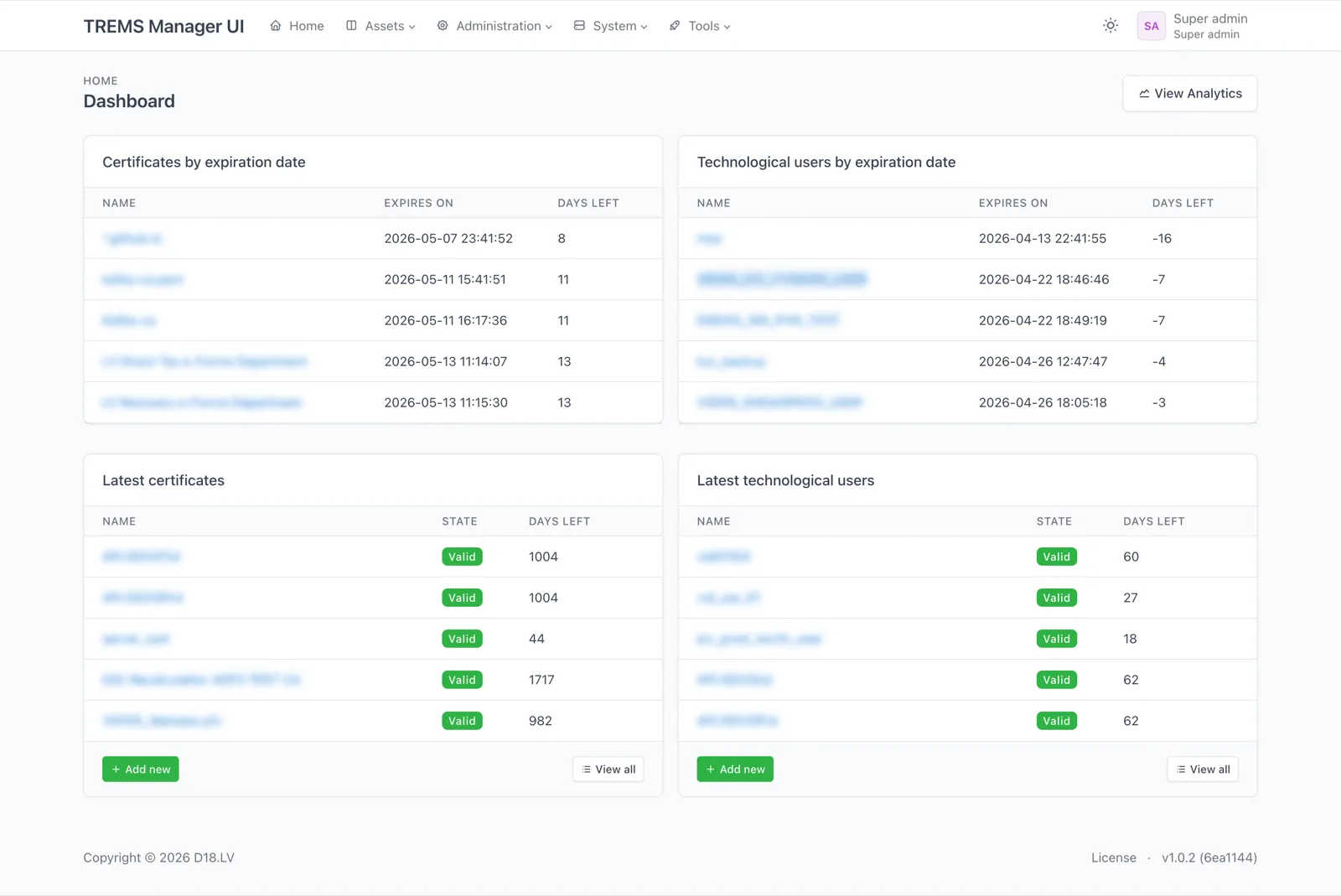 TREMS Manager UI paneļa priekšskatījums